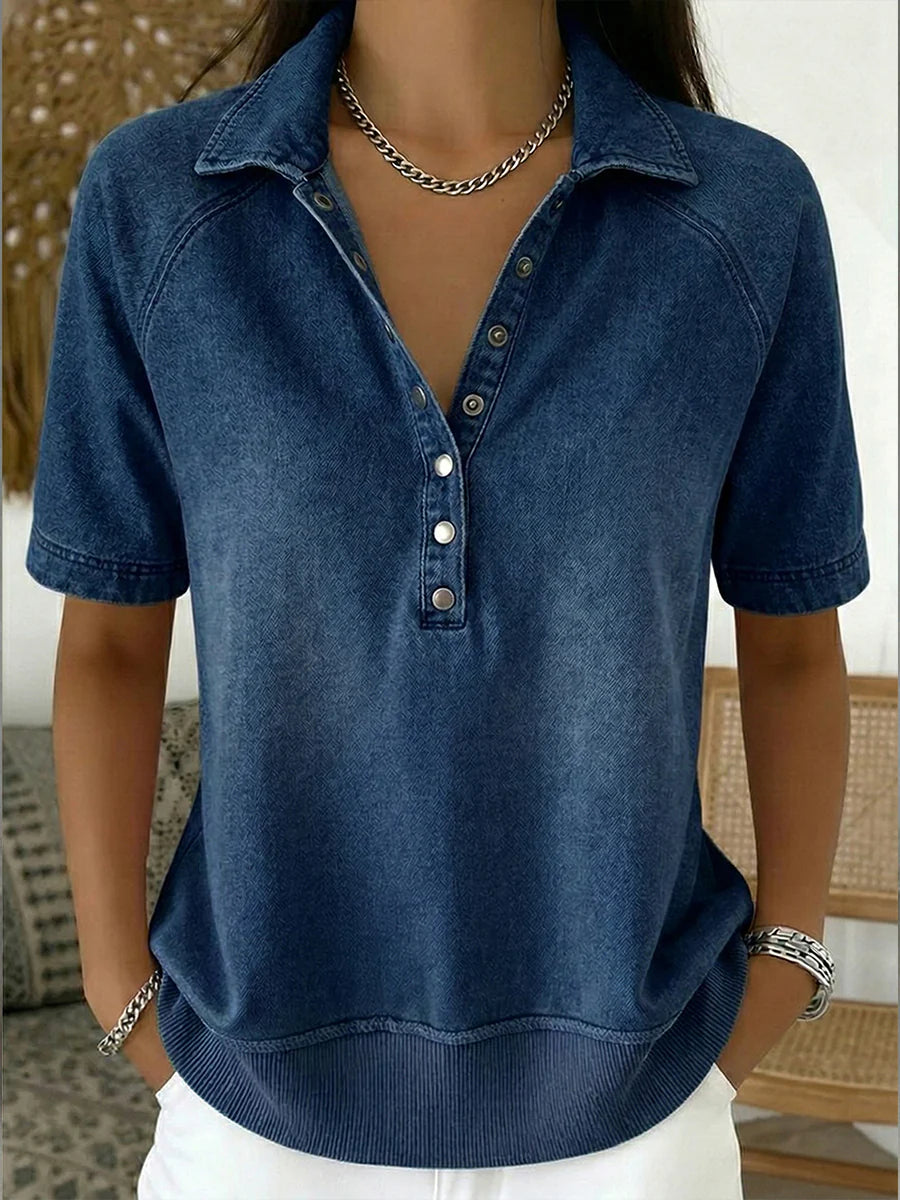 Short-sleeved Polo Collar Denim Pullover Sweatshirt