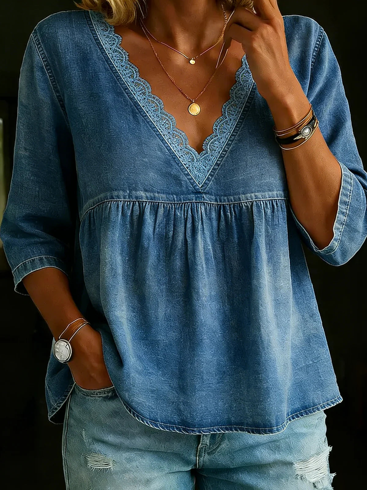 3/4 Sleeves Lace Collar Denim Casual Shirt