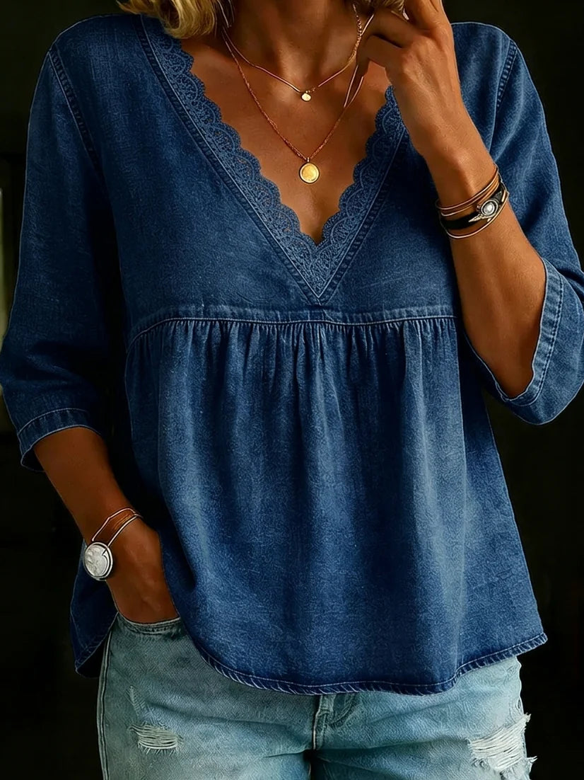 3/4 Sleeves Lace Collar Denim Casual Shirt