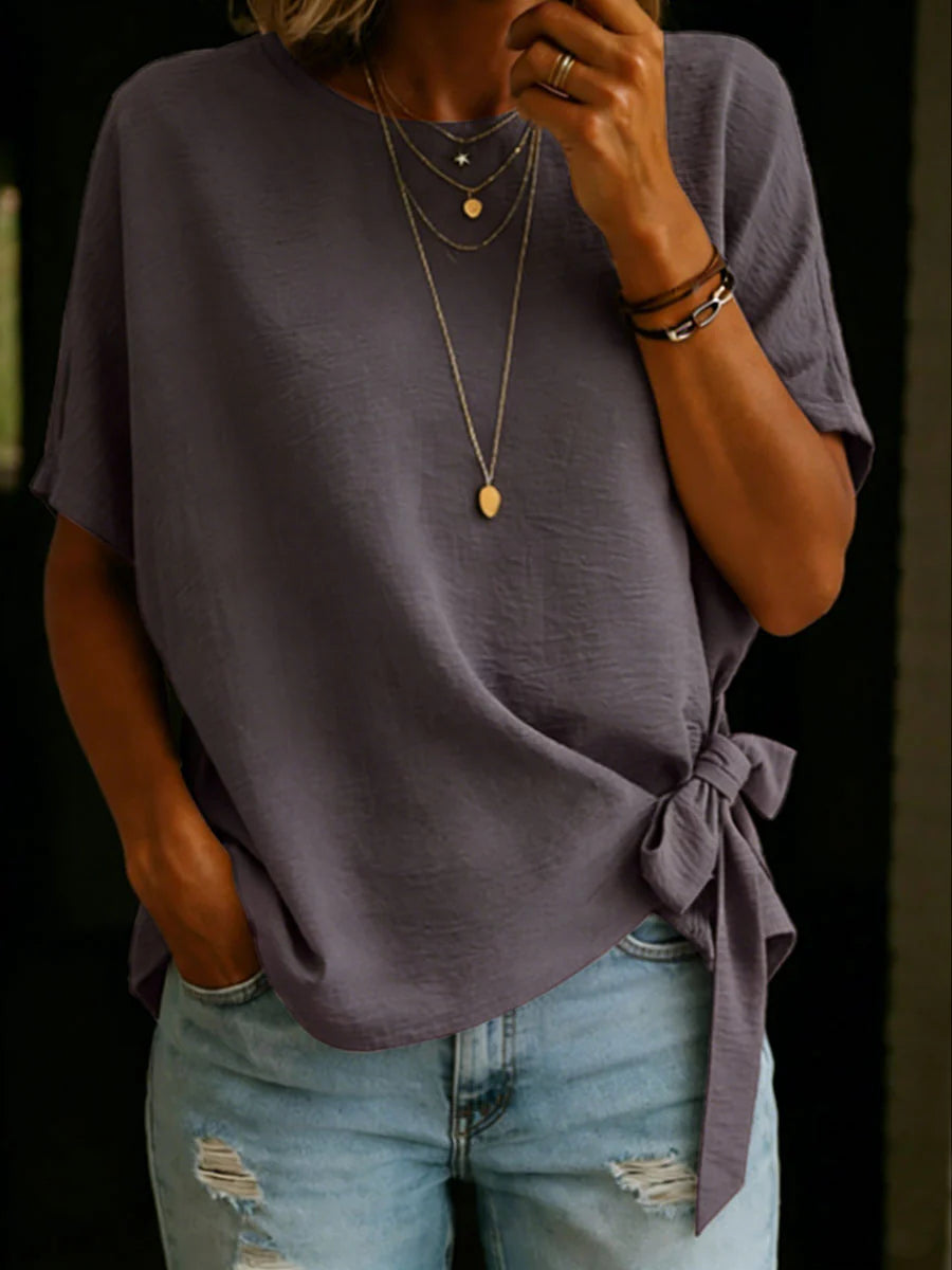 Solid Color Round Neck Short-sleeved Linen Cotton Shirt