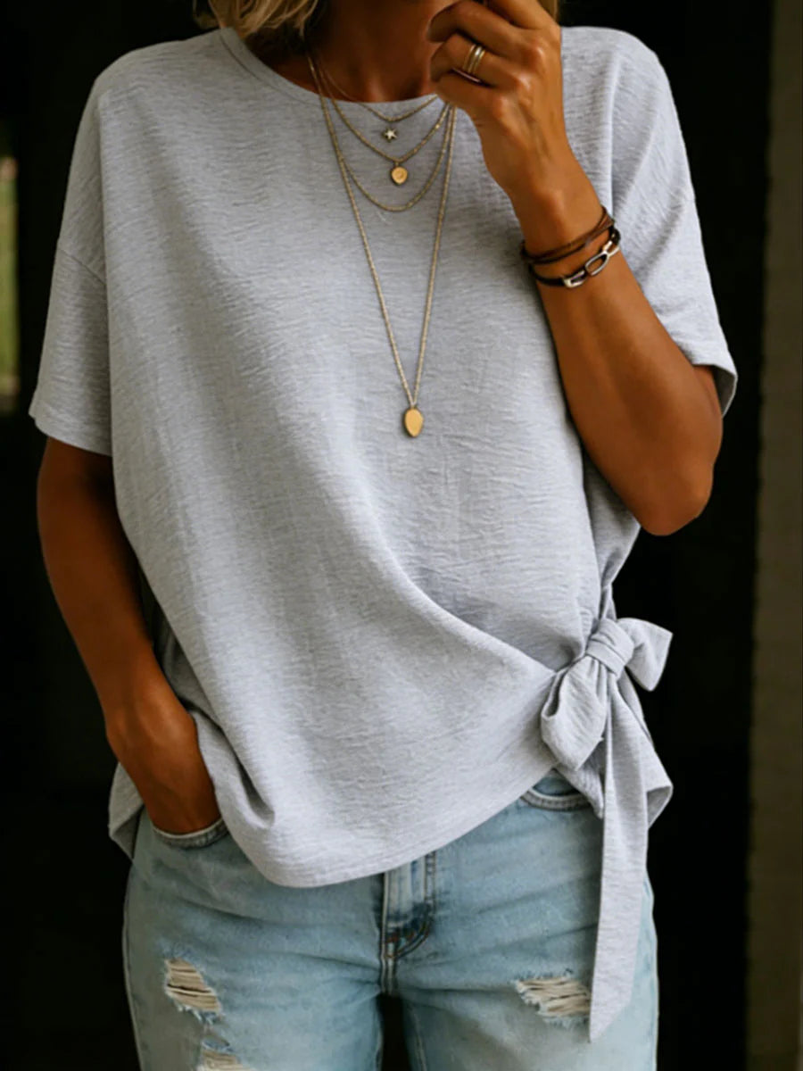 Solid Color Round Neck Short-sleeved Linen Cotton Shirt