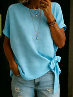 Solid Color Round Neck Short-sleeved Linen Cotton Shirt