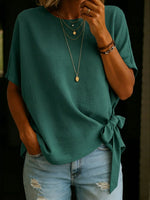 Solid Color Round Neck Short-sleeved Linen Cotton Shirt