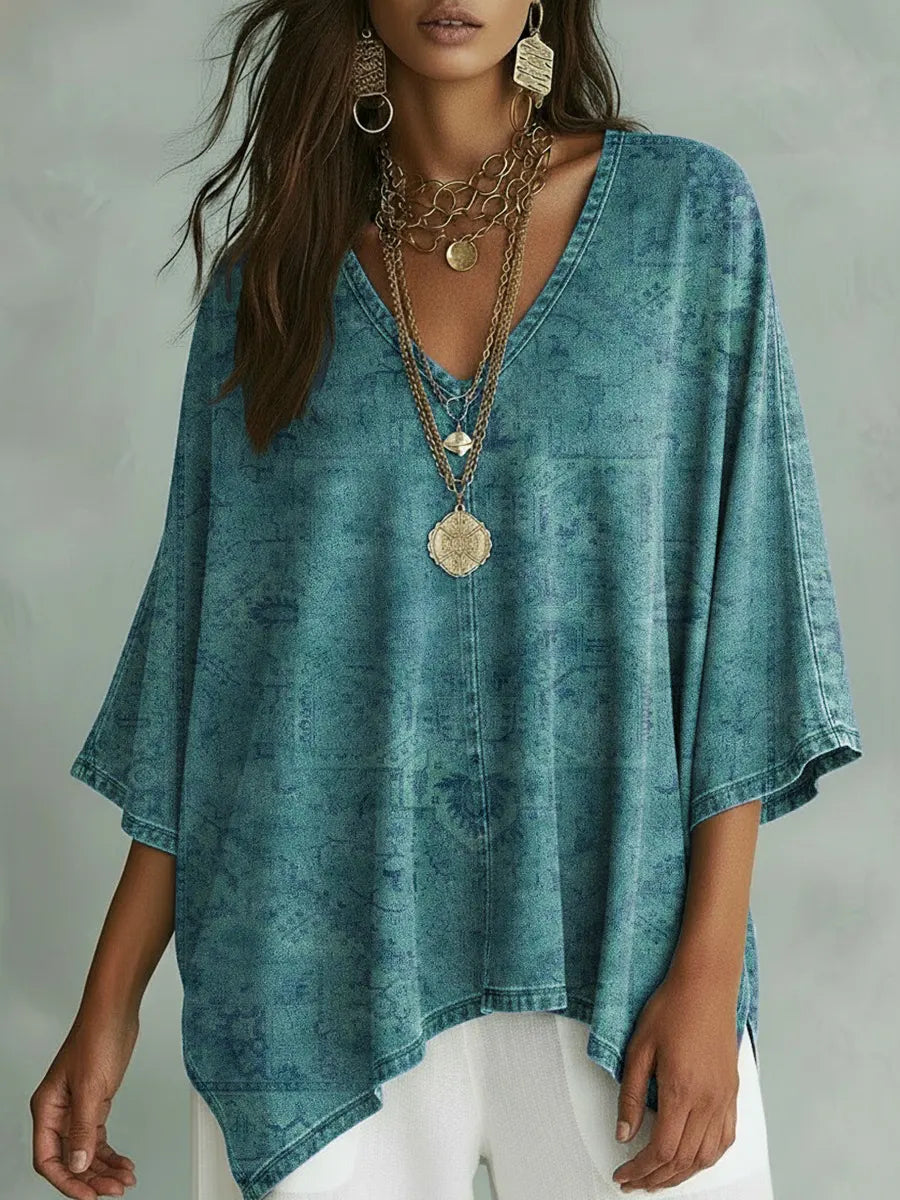 Vintage Pattern Art Print Casual Bat Sleeve Denim Shirt