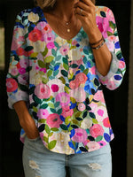 Women's Retro Floral Pattern Art Print Casual Cotton Shirt