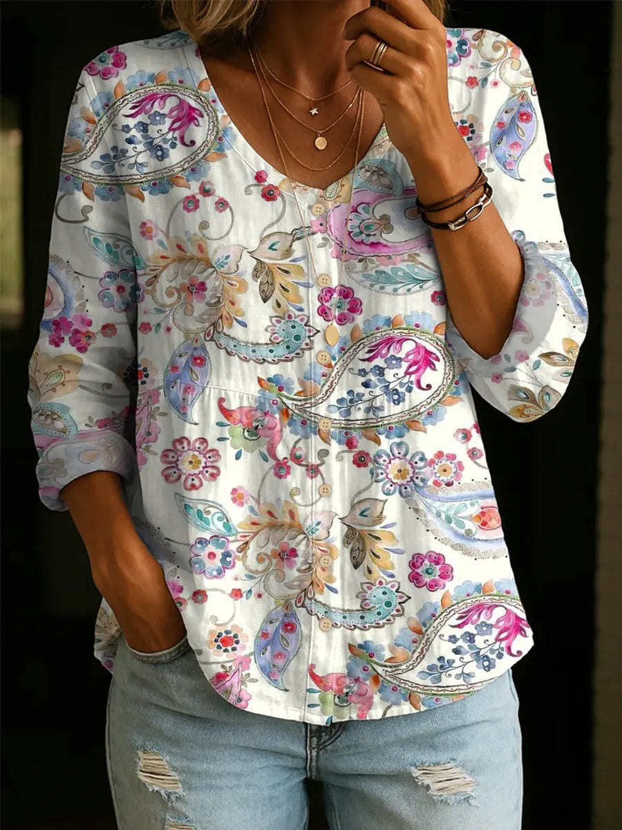 Women's Retro Floral Pattern Art Print Casual Cotton Shirt
