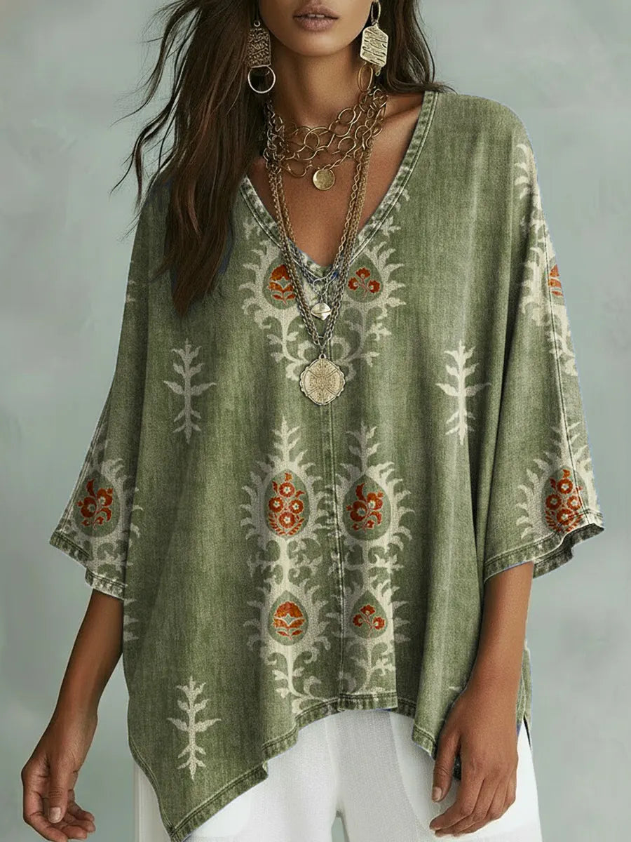 Women's Retro Floral Pattern Art Print Casual Cotton Shirt