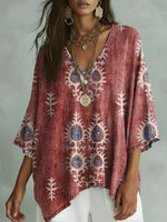 Women's Retro Floral Pattern Art Print Casual Cotton Shirt