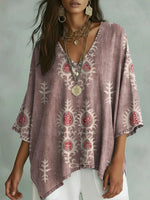 Women's Retro Floral Pattern Art Print Casual Cotton Shirt