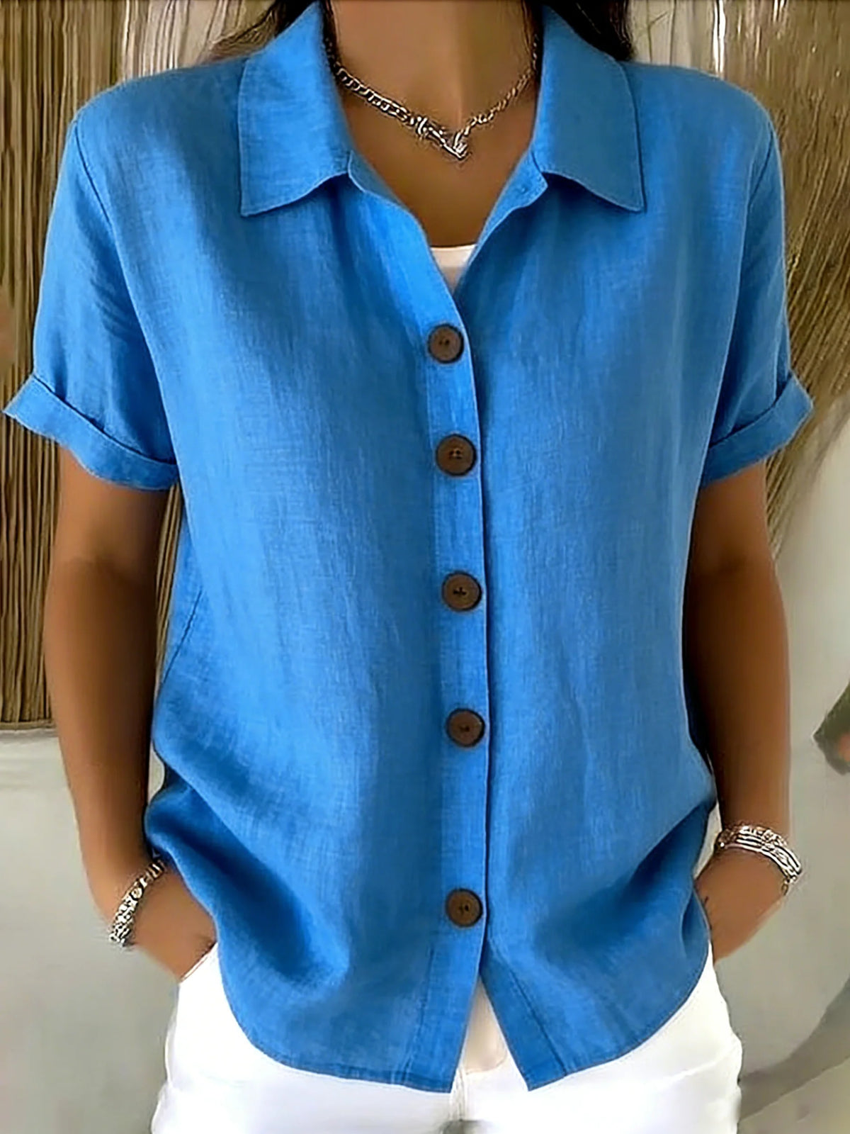 Basic Button-up Linen-cotton Short-sleeved Casual Shirt