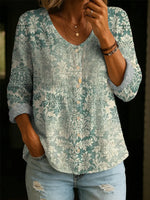 Floral Pattern Art Print V-Neck Cotton Linen Shirt