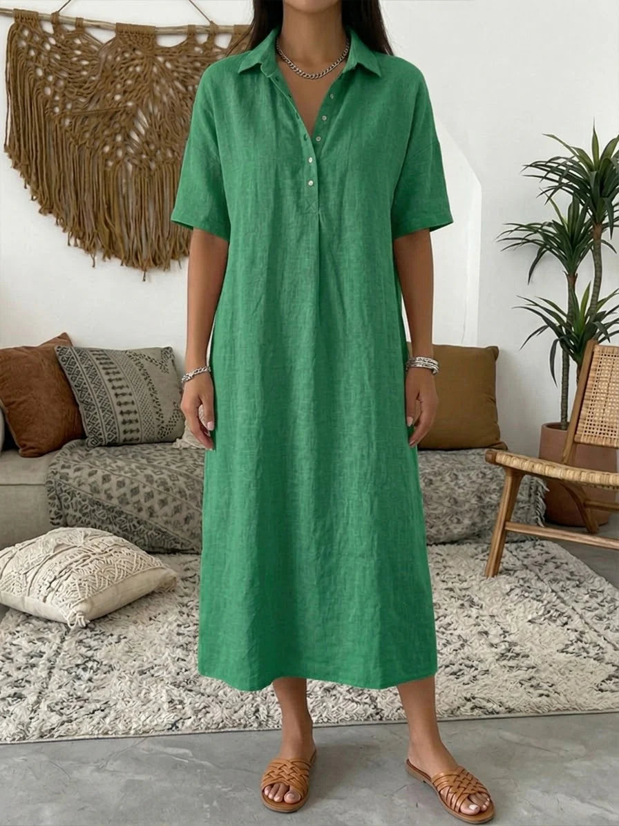 Solid Color Short Sleeve Cotton Linen Casual Maxi Dress