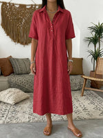 Solid Color Short Sleeve Cotton Linen Casual Maxi Dress