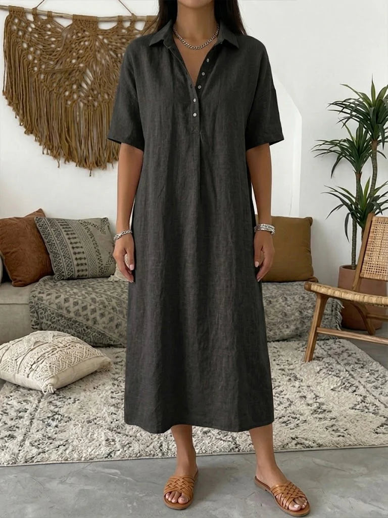 Solid Color Short Sleeve Cotton Linen Casual Maxi Dress