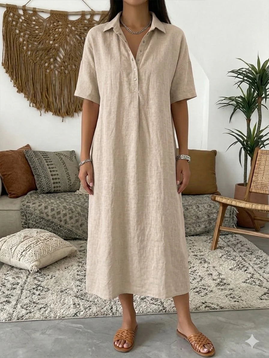 Solid Color Short Sleeve Cotton Linen Casual Maxi Dress