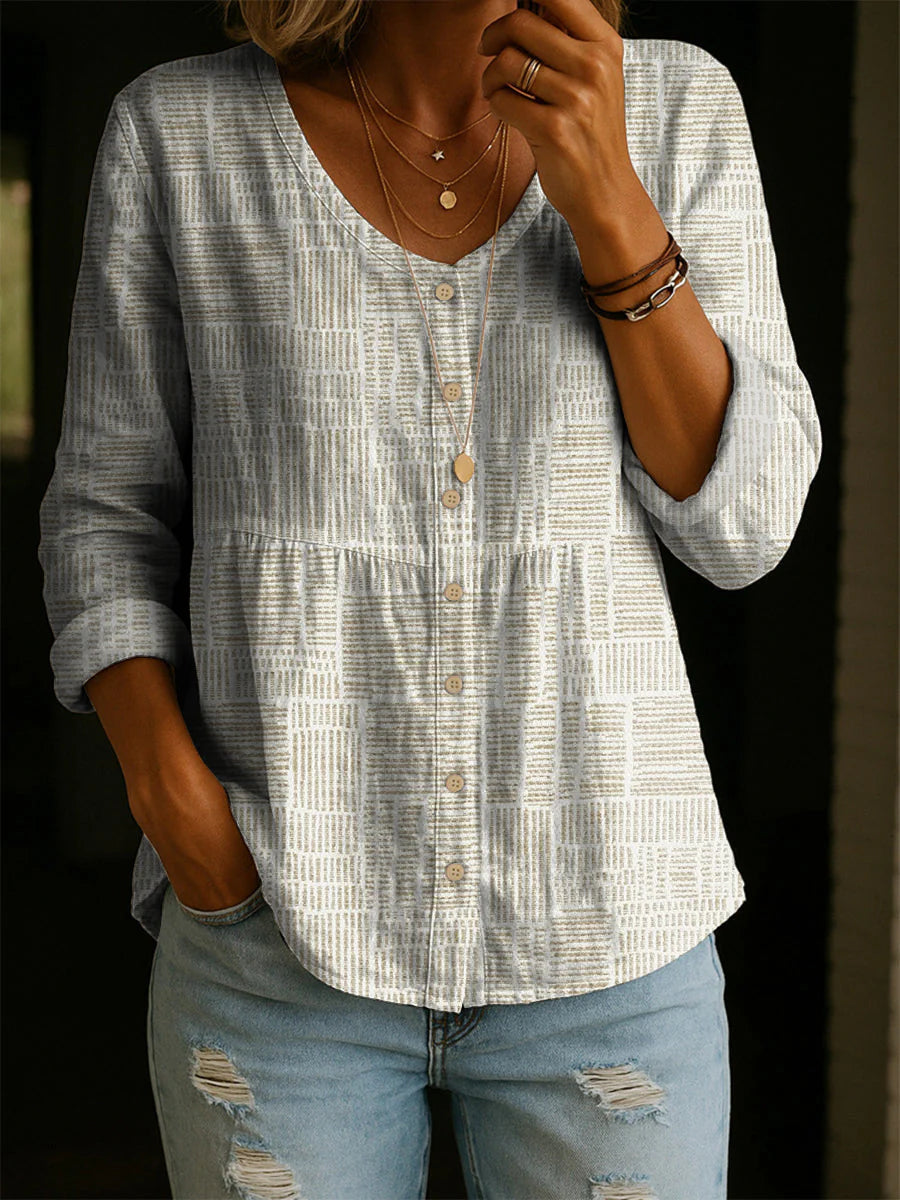 Vintage Flower Pattern 3/4 Sleeve Casual Cotton Shirt