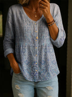 Vintage Flower Pattern 3/4 Sleeve Casual Cotton Shirt