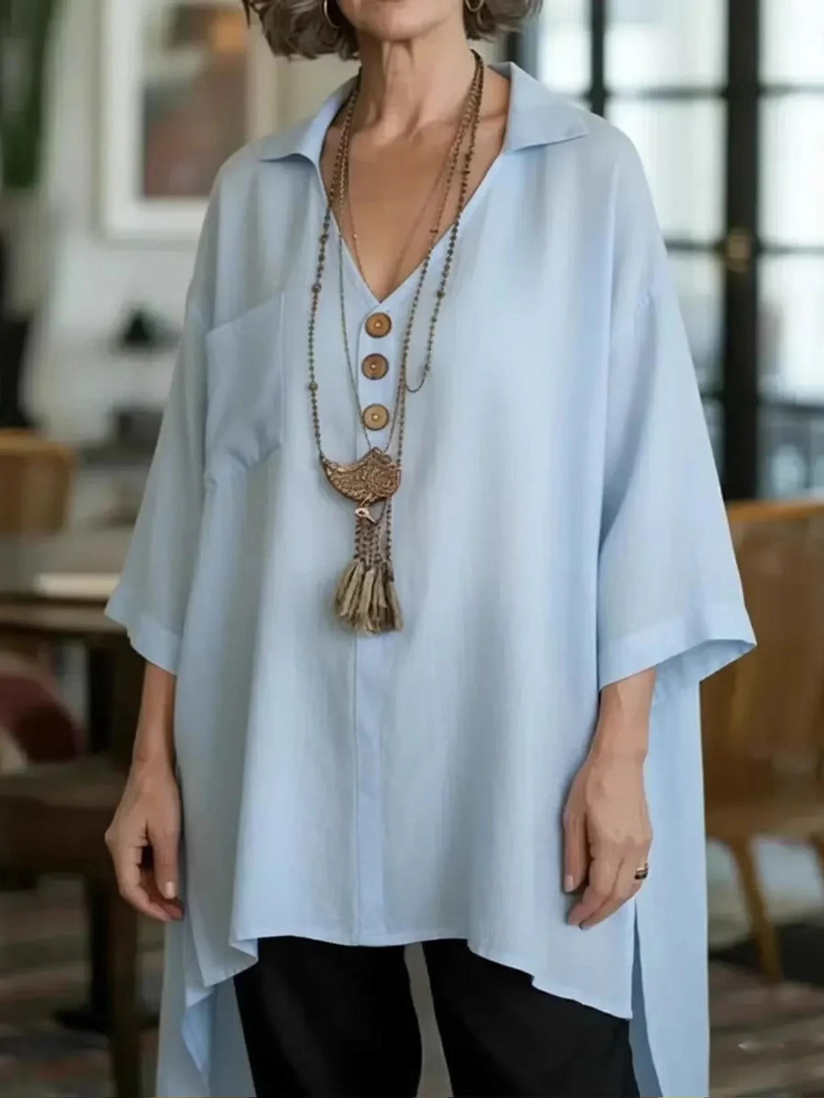 Casual Loose Plain Button Shirt Collar Blouse
