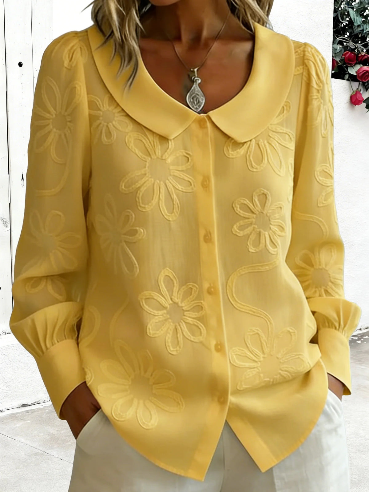 Spring Embroidery Floral Long Sleeve Crew Neck Button Casual Top