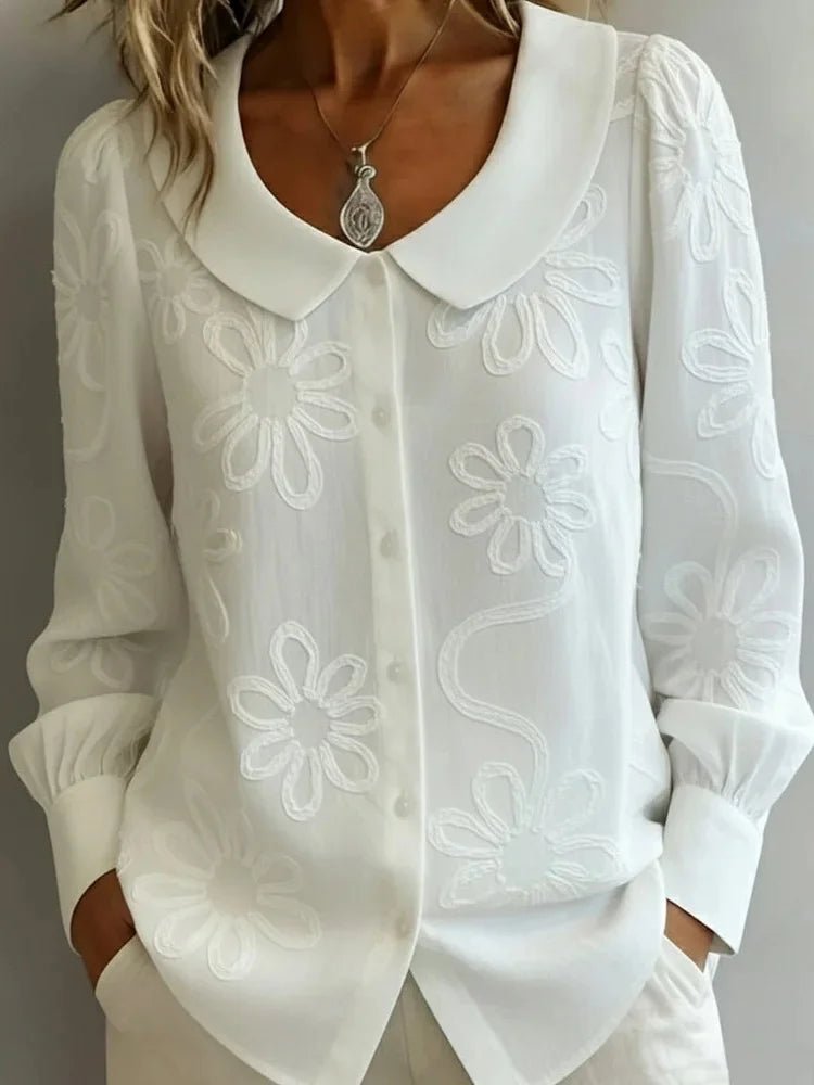 Spring Embroidery Floral Long Sleeve Crew Neck Button Casual Top