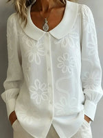 Spring Embroidery Floral Long Sleeve Crew Neck Button Casual Top