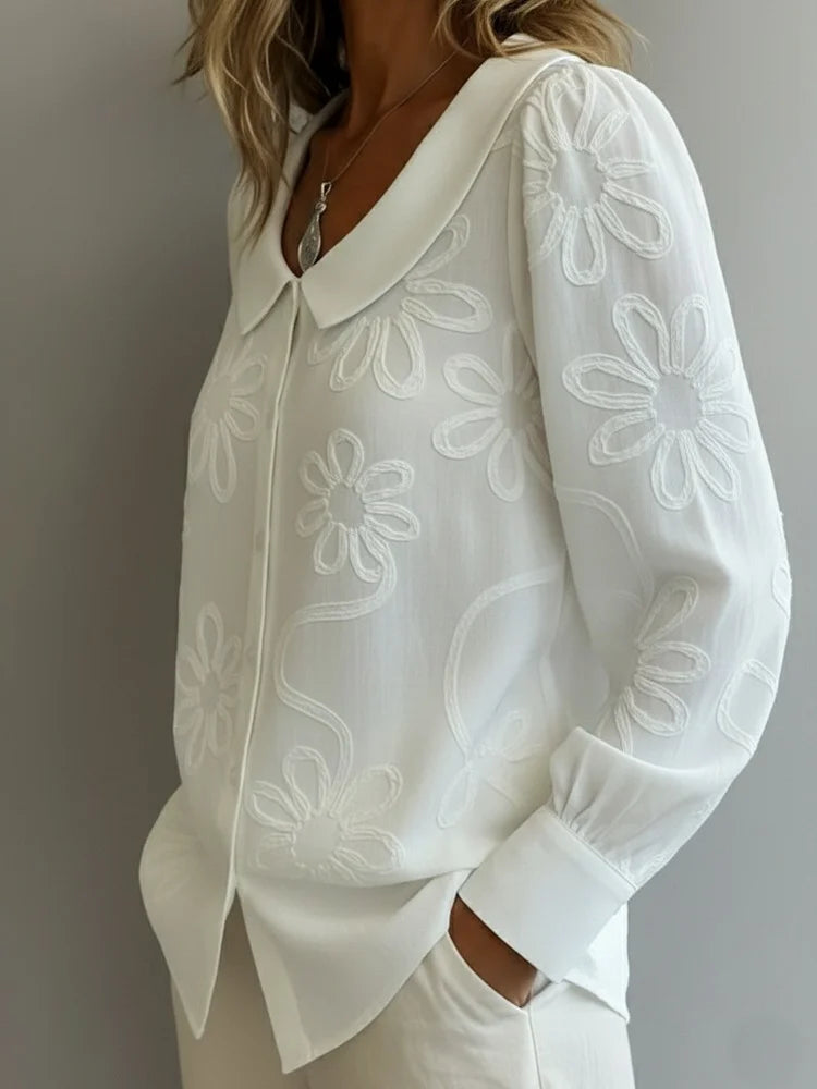 Spring Embroidery Floral Long Sleeve Crew Neck Button Casual Top