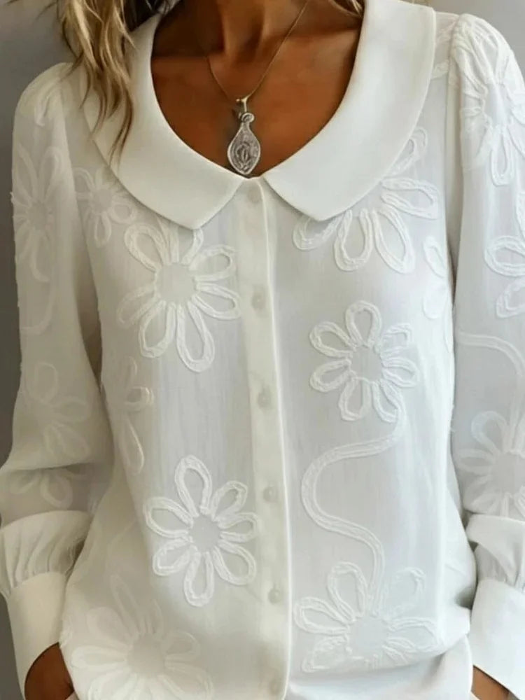 Spring Embroidery Floral Long Sleeve Crew Neck Button Casual Top