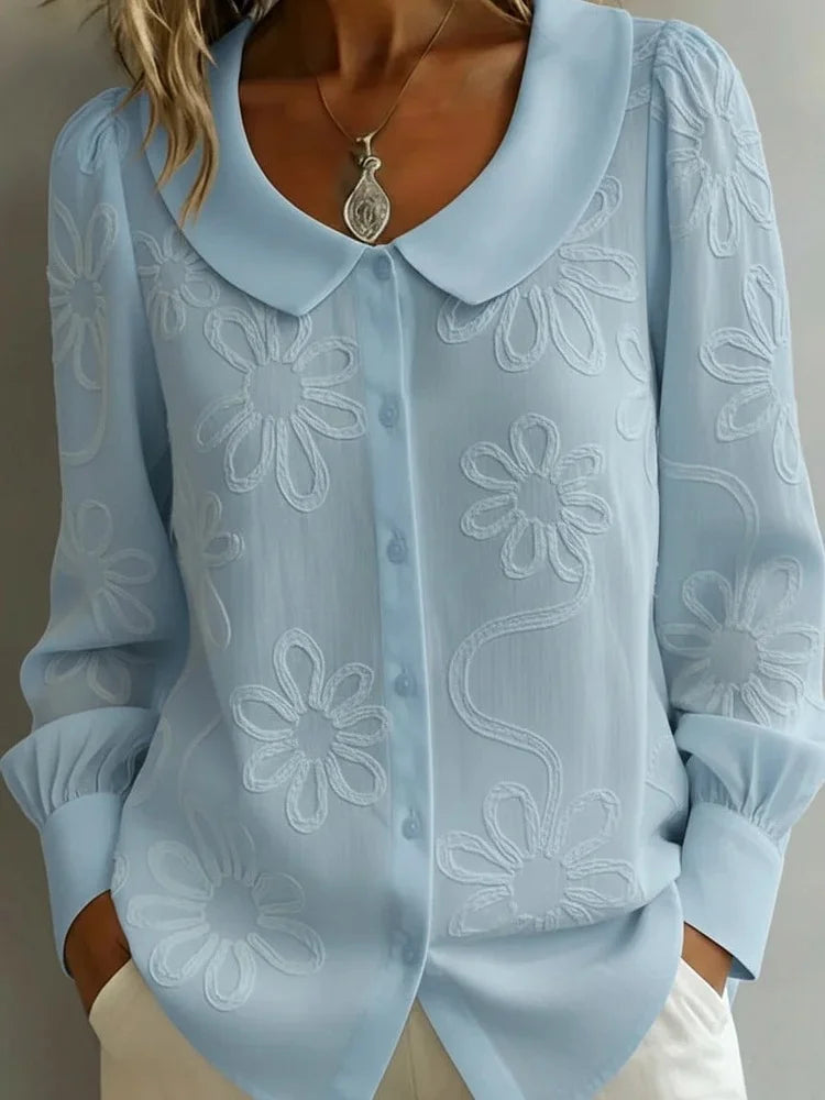 Spring Embroidery Floral Long Sleeve Crew Neck Button Casual Top