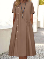 Casual Plain Loose Crew Neck Short Sleeve Button Linen Dress