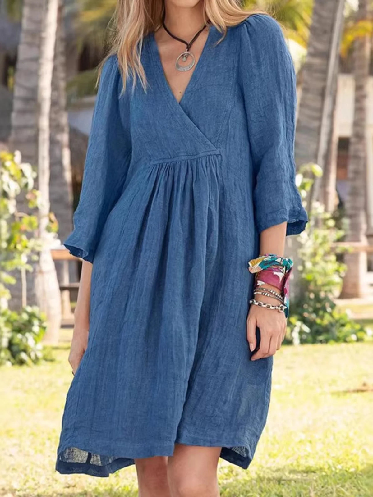 Casual Loose Plain V Neck Mini Dress