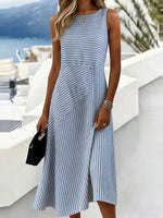CasualStripedCrew Neck SleevelessCotton Midi Fit Dress