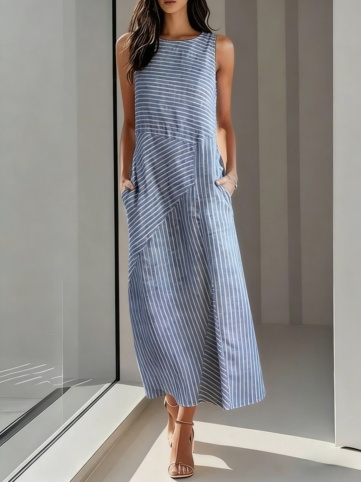 CasualStripedCrew Neck SleevelessCotton Midi Fit Dress