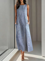 CasualStripedCrew Neck SleevelessCotton Midi Fit Dress
