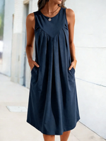 Casual Plain Elegant Cotton-Blend Crew Neck Sleeveless Midi Dress