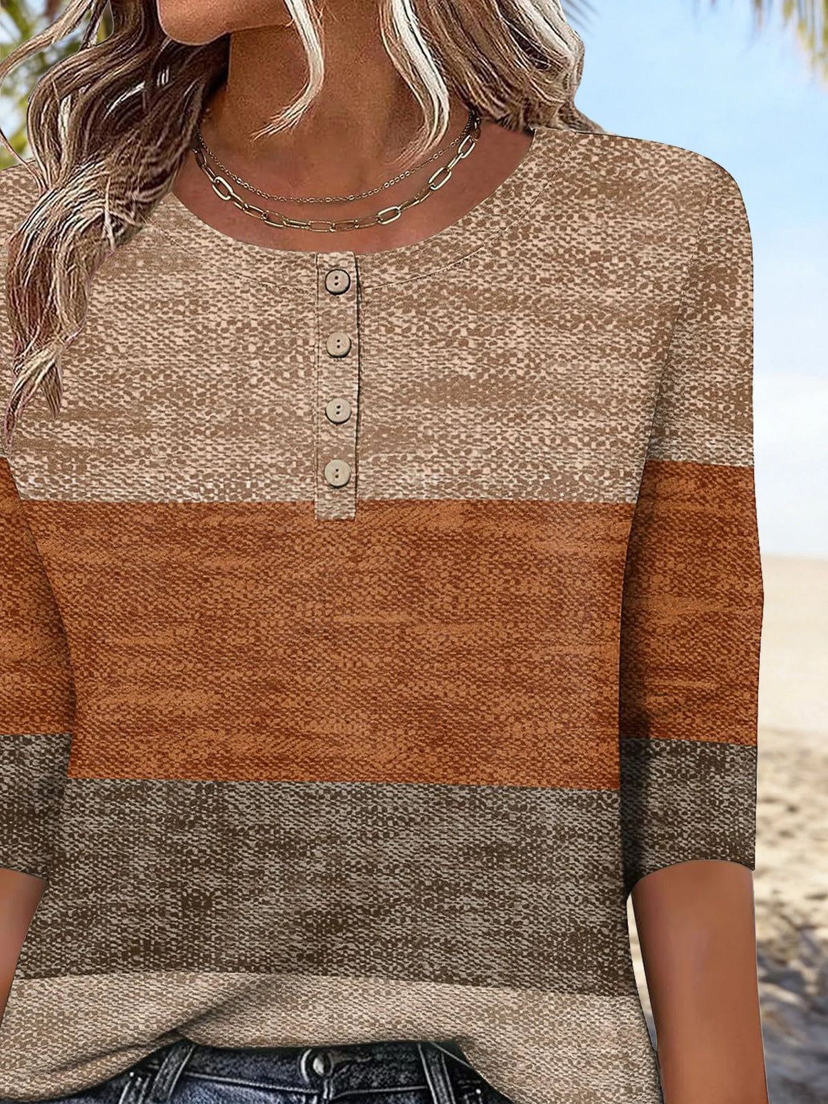 ElegantStriped Crew Neck Fit 3/4 Sleeve Summer Casual Blouse