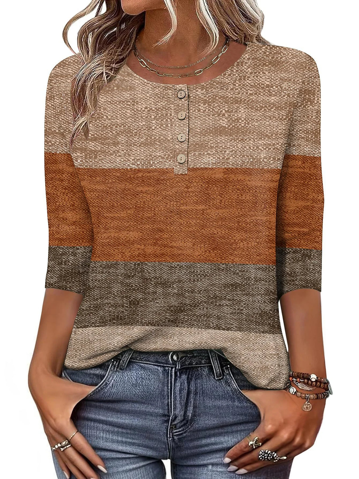 ElegantStriped Crew Neck Fit 3/4 Sleeve Summer Casual Blouse
