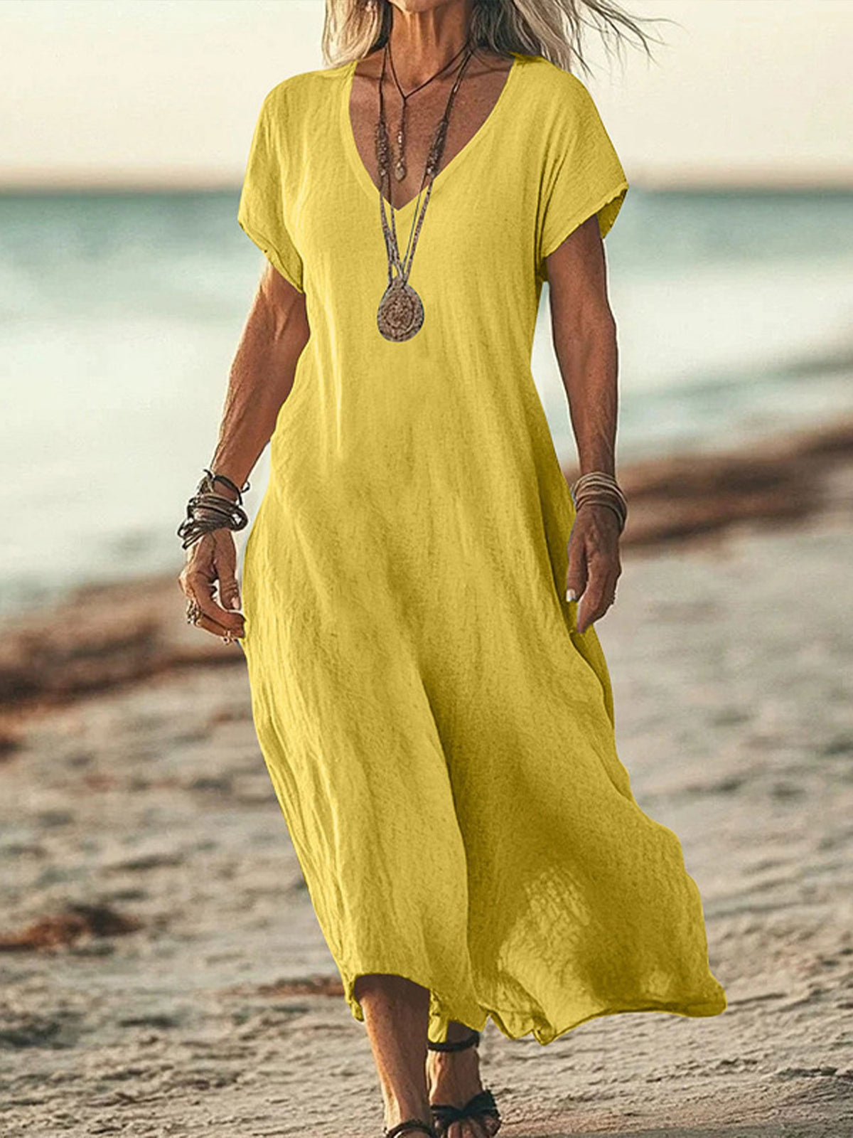 Casual Cotton Plain V Neck Midi Dress