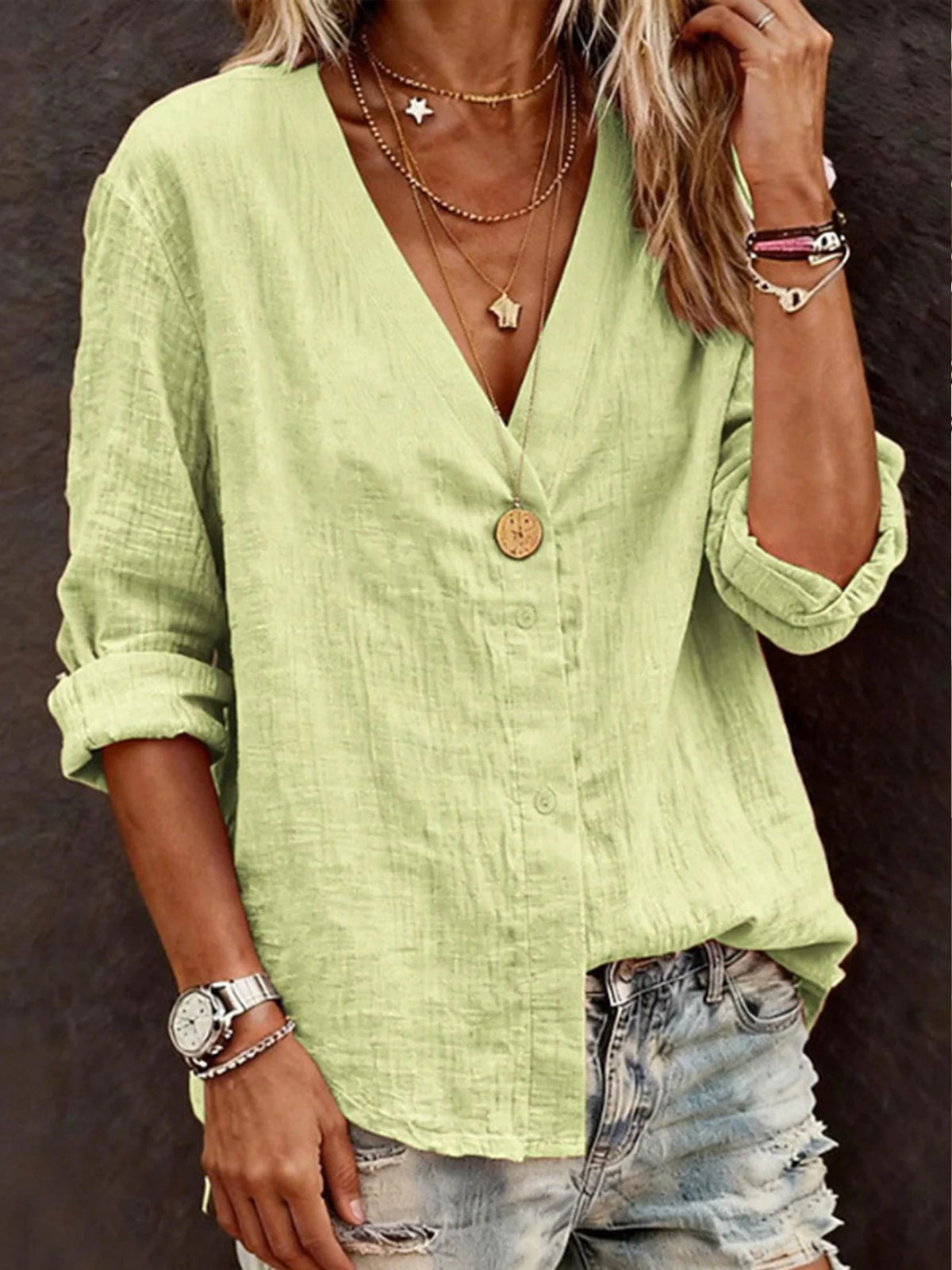 Casual Plain Loose Cotton V Neck Long Sleeve Shirt