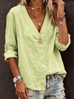 Casual Plain Loose Cotton V Neck Long Sleeve Shirt