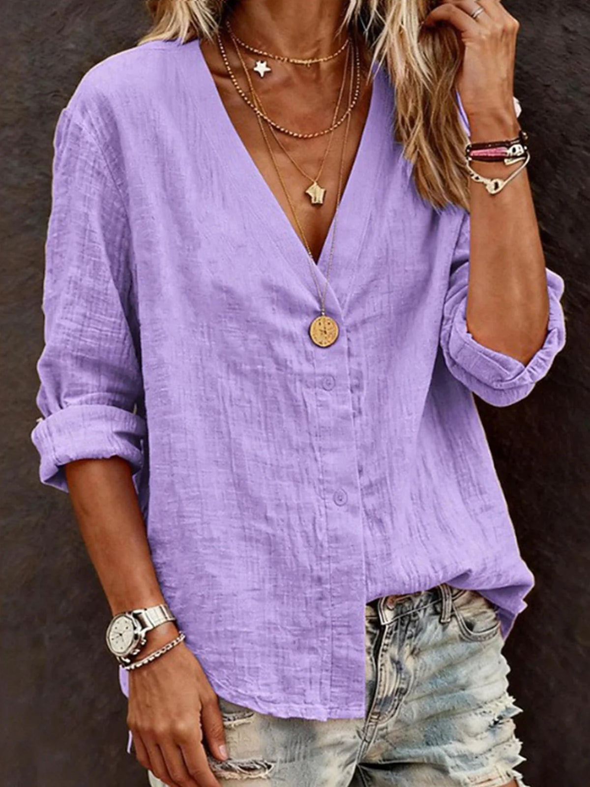 Casual Plain Loose Cotton V Neck Long Sleeve Shirt