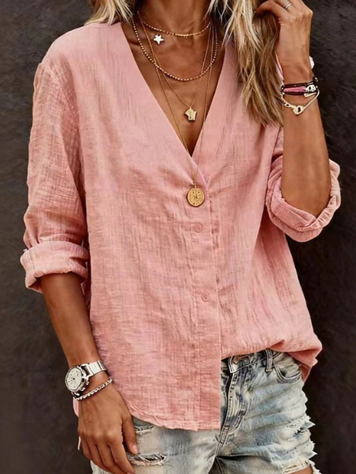Casual Plain Loose Cotton V Neck Long Sleeve Shirt