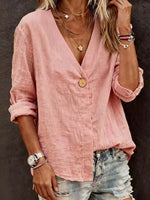Casual Plain Loose Cotton V Neck Long Sleeve Shirt
