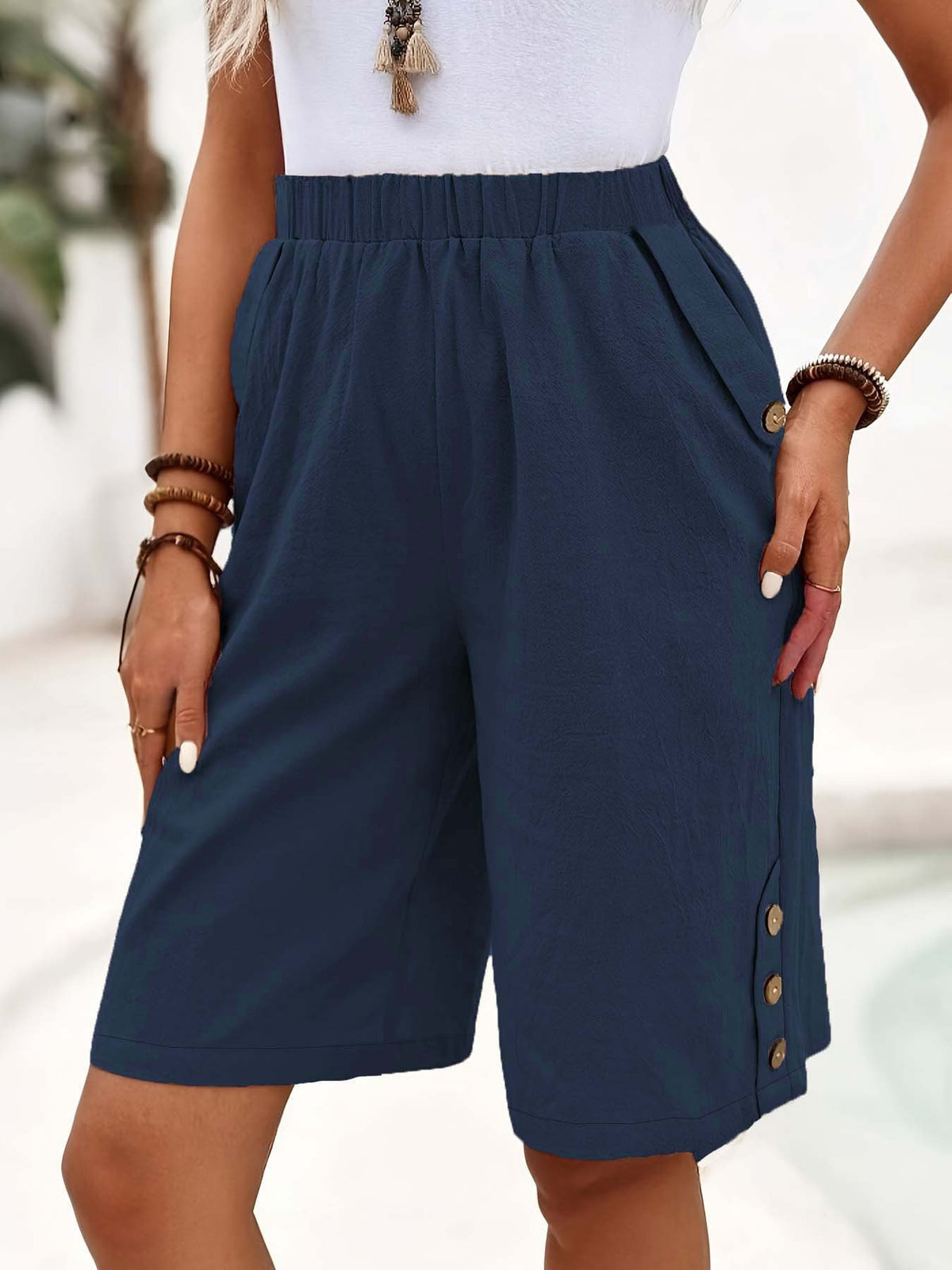 Elegant Plain Loose Side Pockets Fifth Pants