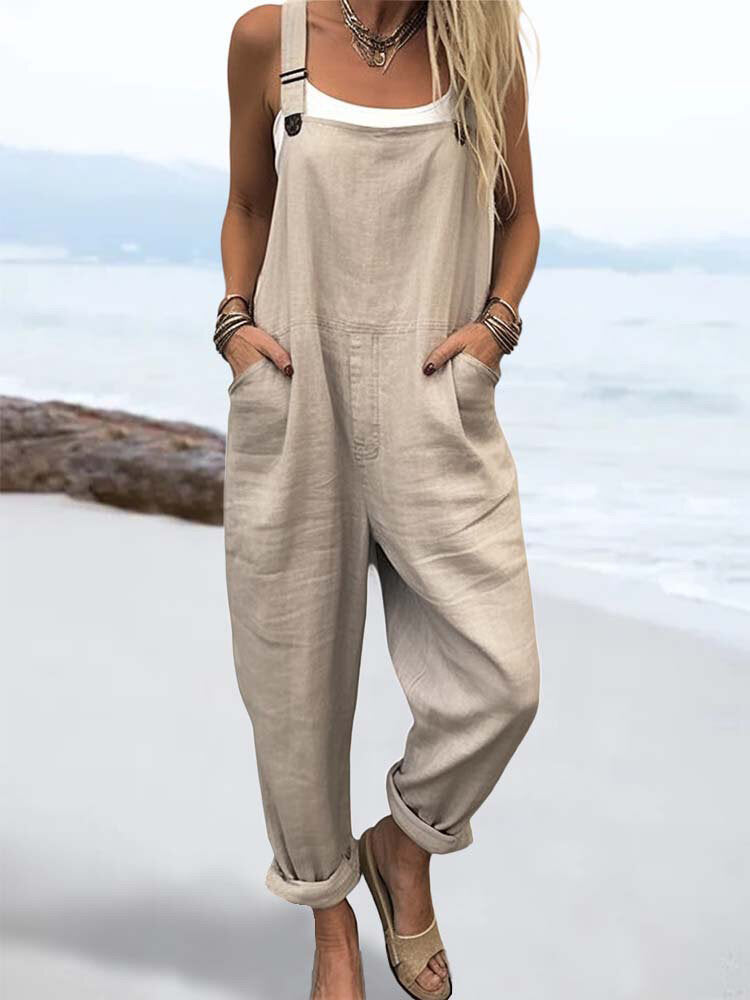 Women's Solid Color Double Pocket Casual Overall Jumpsuit