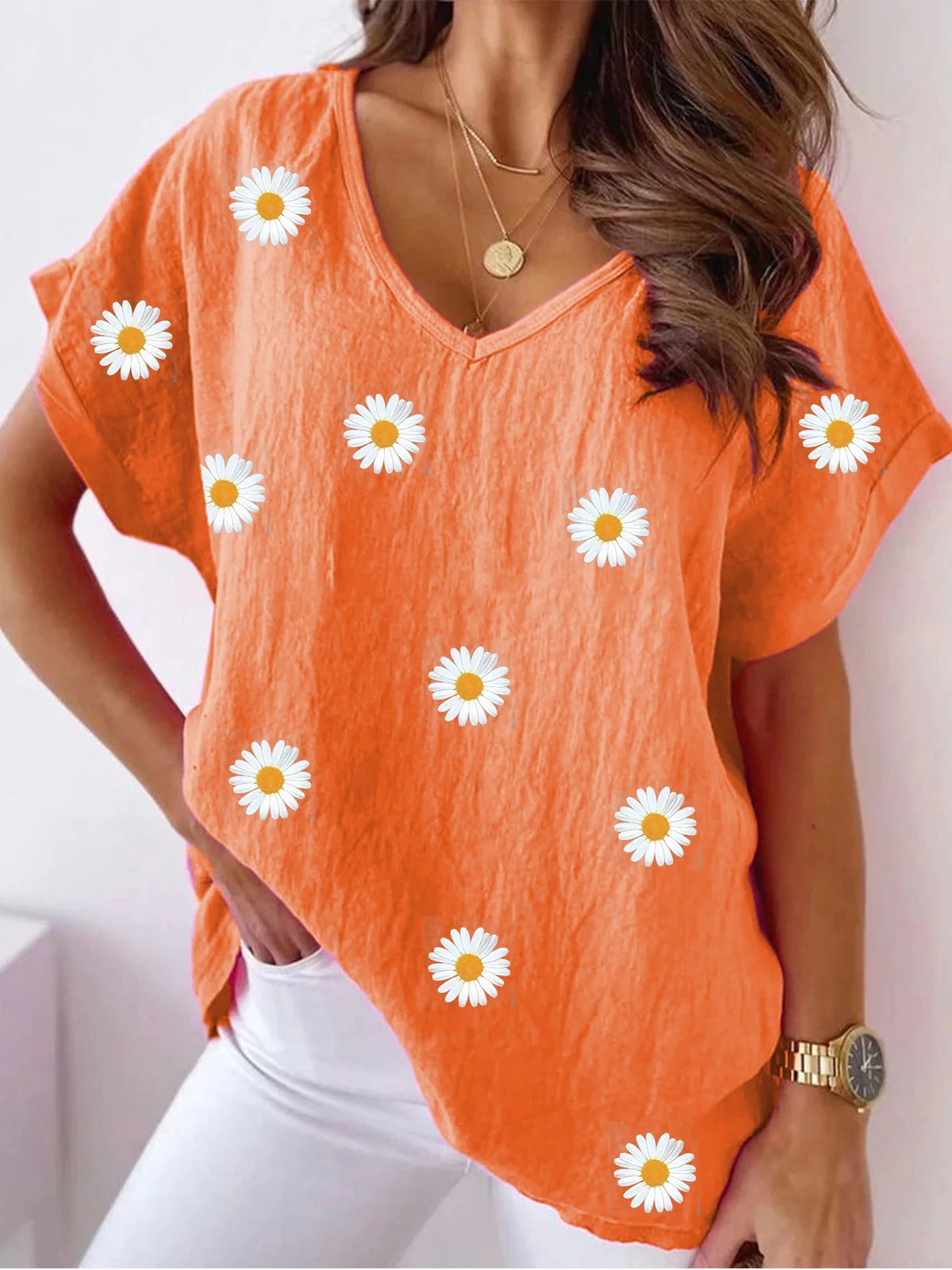 Women's Casual Daisy Floral V Neck Loose Short Sleeve Summer T-shirt