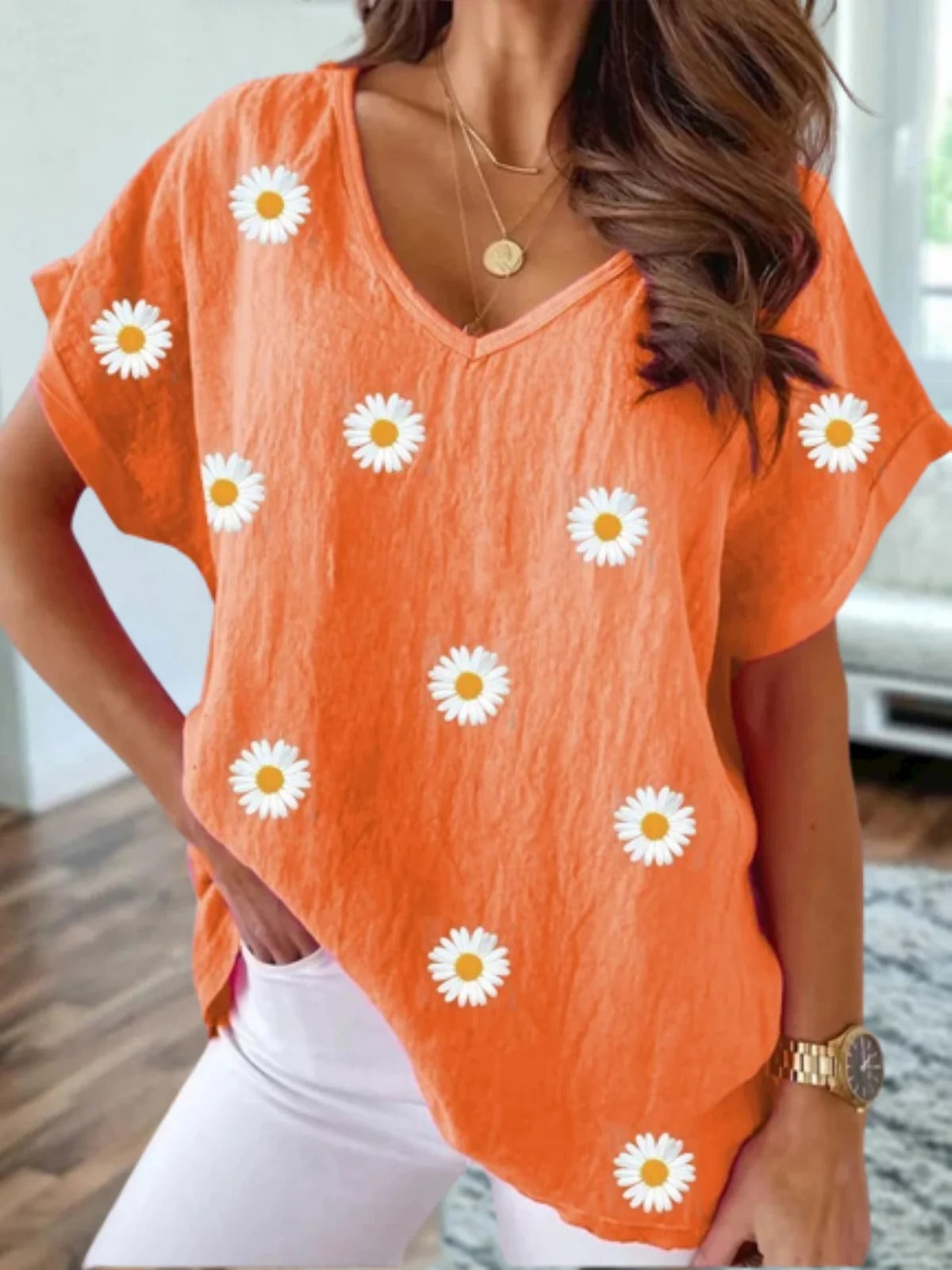 Women's Casual Daisy Floral V Neck Loose Short Sleeve Summer T-shirt