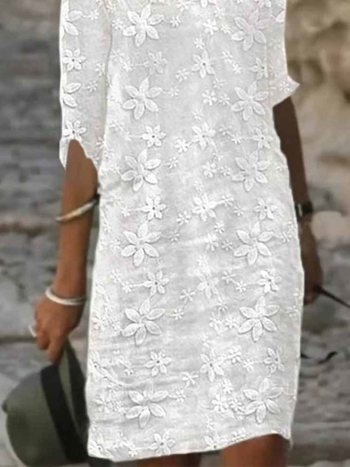 Lace Casual Plain Three Quarter Crew Neck Dress