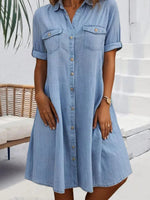 Casual Buckle Loose Shirt Collar Denim Short Dress