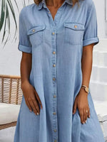 Casual Buckle Loose Shirt Collar Denim Short Dress