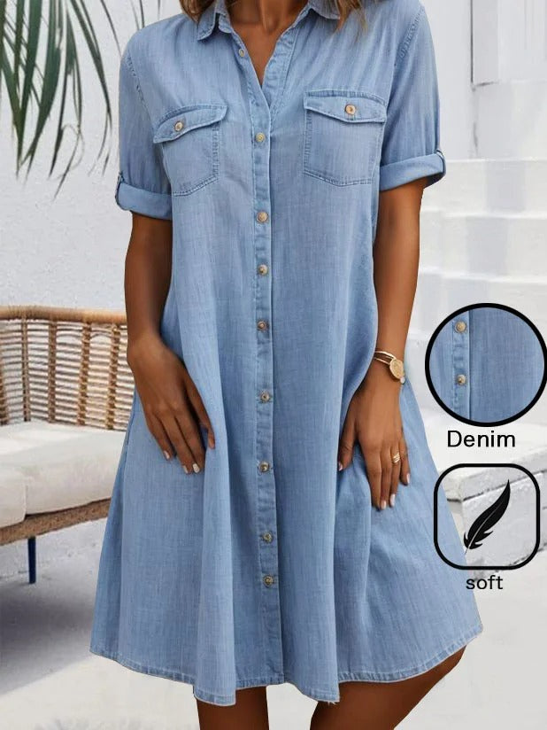 Casual Buckle Loose Shirt Collar Denim Short Dress